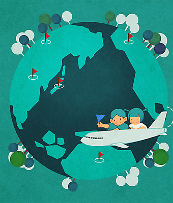 PSD 나무 구름 여자 남자 지구 어린이 일러스트 하늘 비행기 상반신 두명 세계 행선지 깃발 국내일러스트 자연요소 식물 항공교통 대중교통 사람 파일형식