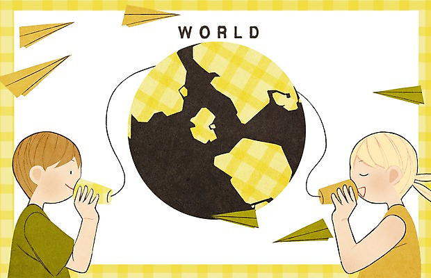 PSD 외국인 여자 남자 지구 어린이 일러스트 대화 상반신 두명 글로벌 끈 종이컵 실전화기 종이비행기 통화 국내일러스트 모션 말하기 사람 인종 컵 일회용 종이접기 파일형식