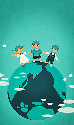 전신 PSD 구름 여자 남자 지구 어린이 일러스트 조류 하늘 서기 세명 친구 글로벌 손잡기 국내일러스트 자연요소 동물 관계 모션 사람 파일형식