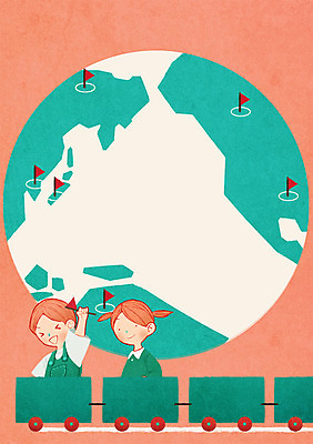 PSD 여자 남자 지구 어린이 여행 일러스트 앉기 상반신 두명 세계 글로벌 행선지 기차 깃발 국내일러스트 육상교통 모션 대중교통 사람 파일형식