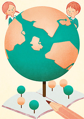 PSD 나무 여자 교육 남자 지구 어린이 일러스트 상반신 두명 책 글로벌 연필 글로벌교육 국내일러스트 식물 학용품 사람 필기구 파일형식