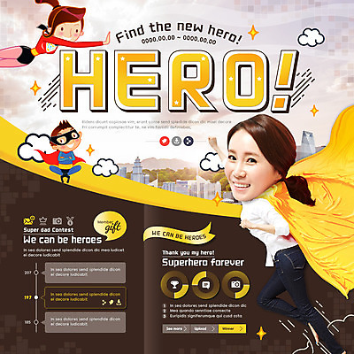 PSD 템플릿 여자 남자 어린이 웹템플릿 이벤트페이지 이벤트 성인 세명 30대 노란색 한국인 망토 영웅 이미지템플릿 컬러 사람 동양인 장년 페이지 파일형식