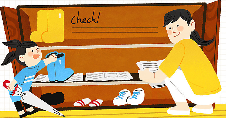 전신 PSD 여자 딸 어린이 신발 일러스트 우산 엄마 프레임 장화 서기 앉기 성인 두명 여름 비 신문 준비 장마 신발장 프레임일러스트 국내일러스트 자연요소 계절 가족 모션 날씨 사람 간행물 비_날씨 뉴스 파일형식