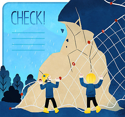 전신 PSD 나무 남자 일러스트 프레임 서기 성인 두명 여름 흙 그물 비 안전모 장마 낙석주의 산사태 프레임일러스트 국내일러스트 자연요소 식물 계절 모션 날씨 경고 사람 비_날씨 헬멧 안전장비 자연재해 파일형식