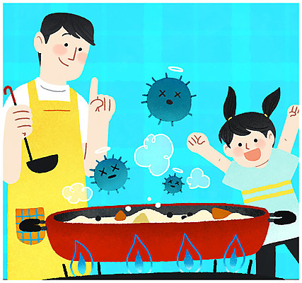 PSD 여자 남자 딸 어린이 음식 일러스트 요리 서기 상반신 두명 여름 비 아빠 국자 장마 박테리아 살균 국내일러스트 자연요소 계절 의학 가족 모션 주방용품 날씨 사람 비_날씨 파일형식