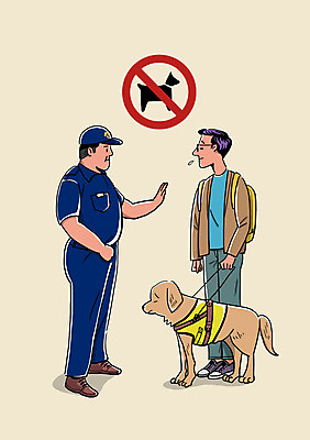 전신 PSD 남자 일러스트 서기 경비 성인 두명 금지 슬픔 개 장애인 거절 불만 경비원 시각장애인 안내견 차별 국내일러스트 직업 감정 컨셉 포유류 모션 안전 사람 보호 장애 파일형식