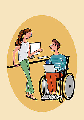 전신 PSD 여자 남자 일러스트 회사 협력 직장 함께함 서기 앉기 성인 두명 노트북 컴퓨터 업무 장애인 동료 즐거움 국내일러스트 감정 컨셉 비즈니스 관계 모션 사람 전자제품 작업 장애 파일형식