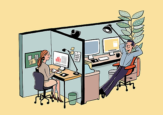 전신 PSD 식물 여자 남자 일러스트 회사 조명 앉기 성인 두명 컴퓨터 사무실 금지 업무 직장인 크기 불만 성차별 차별 파티션 국내일러스트 직업 감정 비즈니스 모션 사람 전자제품 작업 파일형식