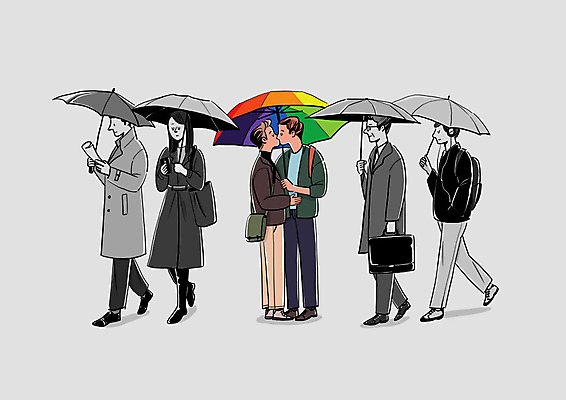 전신 PSD 커플 여자 남자 무지개 일러스트 우산 키스 함께함 사랑 서기 들기 여러명 성인 금지 무관심 무지개색 동성애자 차별 국내일러스트 자연요소 감정 다수 컨셉 관계 모션 사람 컬러풀 애정표현 파일형식 성소수자