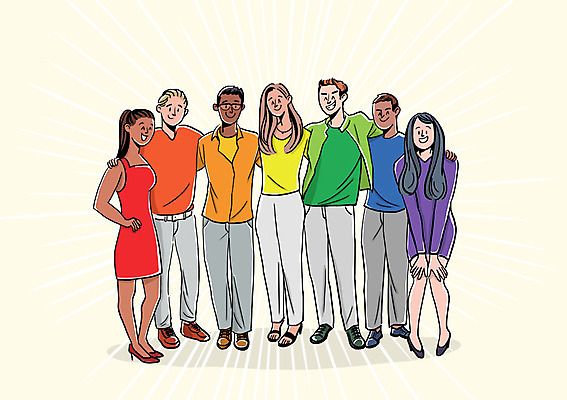 전신 PSD 서양인 외국인 여자 남자 흑인 무지개 일러스트 어깨동무 함께함 서기 웃음 동양인 여러명 성인 금지 즐거움 화합 다인종 국내일러스트 자연요소 감정 포즈 다수 컨셉 모션 표정 사람 인종 파일형식