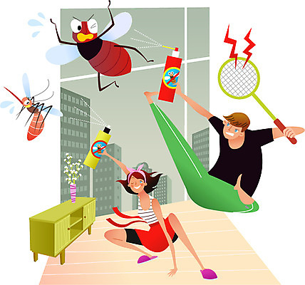 전신 여자 남자 일러스트 창문 탁자 성인 두명 건물 여름 꽃병 살충 해충 벌레 파리_프랑스 파리_곤충 살충제 모기 파리채 국내일러스트 AI파일 건축물 계절 꽃 가구 곤충 사람 프랑스 도구 파일형식 벡터