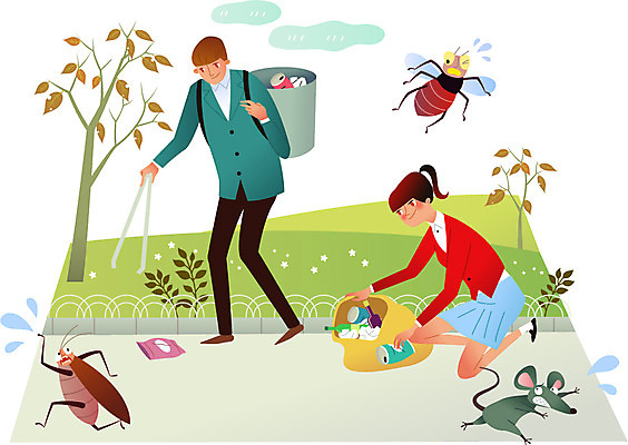 전신 나무 공원 여자 남자 일러스트 청소년 집게 서기 앉기 두명 여름 바구니 청결 캔 해충 쓰레기 쥐 청소 파리_프랑스 파리_곤충 모기 국내일러스트 AI파일 식물 계절 공공시설 곤충 모션 사람 프랑스 벌레 위생 설치류 파일형식 벡터