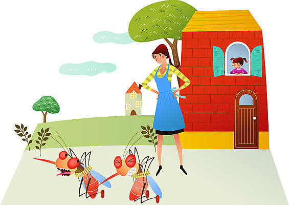 전신 나무 구름 여자 어린이 일러스트 창문 주택 서기 상반신 성인 두명 건물 여름 문 해충 벌레 구경 모기 포박 국내일러스트 AI파일 자연요소 식물 건축물 계절 곤충 모션 사람 묶기 파일형식 벡터