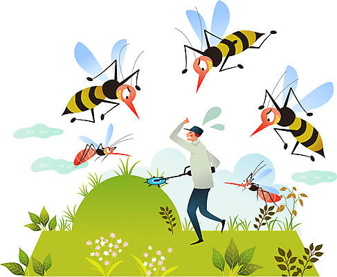 전신 식물 구름 남자 꽃 일러스트 나뭇잎 한명 성인 여름 무덤 해충 벌레 제조 말벌 공격 위협 모기 벌초 성묘 국내일러스트 AI파일 자연요소 1 계절 곤충 잎 모션 사람 벌_곤충 파일형식 벡터