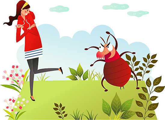 전신 구름 공원 여자 꽃 일러스트 나뭇잎 한명 서기 성인 여름 해충 벌레 공격 위협 진드기 국내일러스트 AI파일 자연요소 식물 1 계절 공공시설 곤충 잎 모션 사람 파일형식 벡터