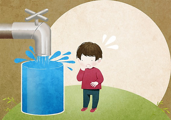 전신 PSD 남자 어린이 일러스트 한명 서기 컵 물 땅 수도꼭지 물절약 낭비 국내일러스트 자연요소 1 식기 컨셉 모션 사람 절약 파일형식