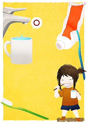 전신 PSD 여자 어린이 일러스트 한명 서기 컵 물 양치 절약 칫솔 수도꼭지 치약 물절약 국내일러스트 자연요소 1 식기 컨셉 모션 사람 위생용품 청결 파일형식