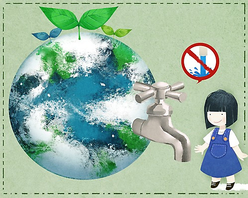 전신 PSD 여자 지구 어린이 일러스트 한명 서기 웃음 물 새싹 절약 수도꼭지 물절약 국내일러스트 자연요소 식물 1 컨셉 모션 표정 사람 파일형식