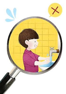 PSD 남자 어린이 일러스트 돋보기 한명 서기 상반신 물 욕실 절약 세면대 수도꼭지 물절약 손씻기 낭비 코로나바이러스 국내일러스트 자연요소 1 컨셉 모션 사람 바이러스 씻기 파일형식