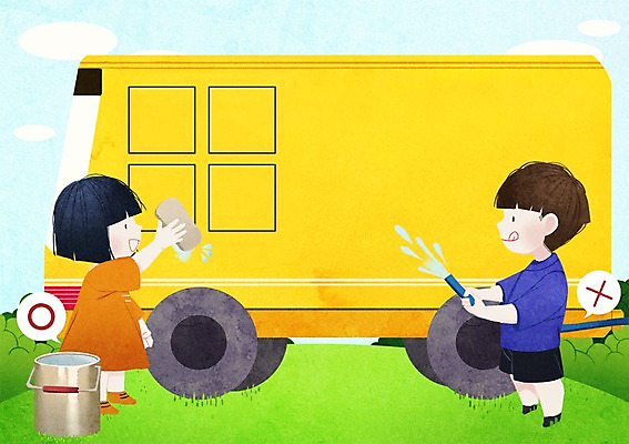 전신 PSD 구름 여자 남자 어린이 일러스트 자동차 하늘 서기 초원 두명 물 절약 비교 양동이 물통 호스 물절약 수세미 세차 국내일러스트 자연요소 육상교통 컨셉 모션 사람 파일형식