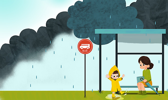 전신 PSD 여자 딸 어린이 일러스트 우산 가족 엄마 서기 앉기 성인 두명 여름 여름휴가 바캉스 버스정류장 먹구름 우비 장마 국내일러스트 옷 계절 관계 모션 휴가 사람 비_날씨 역 파일형식 구름_자연 여름_계절