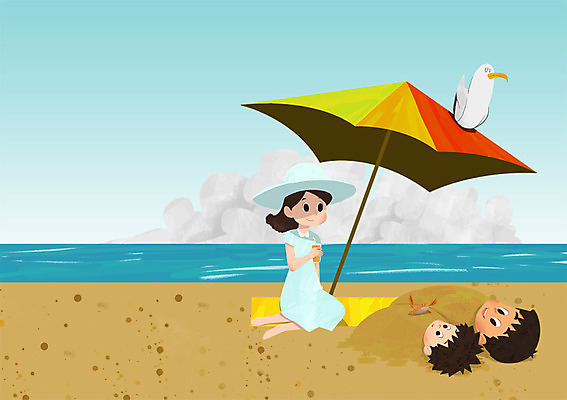 전신 PSD 여자 남자 아들 어린이 바다 일러스트 가족 갈매기 엄마 상반신 성인 해변 세명 여름 여름휴가 바캉스 파라솔 아빠 돗자리 모래찜질 국내일러스트 계절 관계 조류 휴가 사람 파일형식 여름_계절