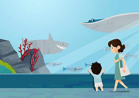 전신 PSD 여자 남자 아들 일러스트 가족 엄마 서기 성인 두명 여름 여름휴가 바캉스 돌_바위 해조류 상어 아쿠아리움 국내일러스트 계절 관계 모션 휴가 어류 사람 해양식물 수족관 파일형식 여름_계절
