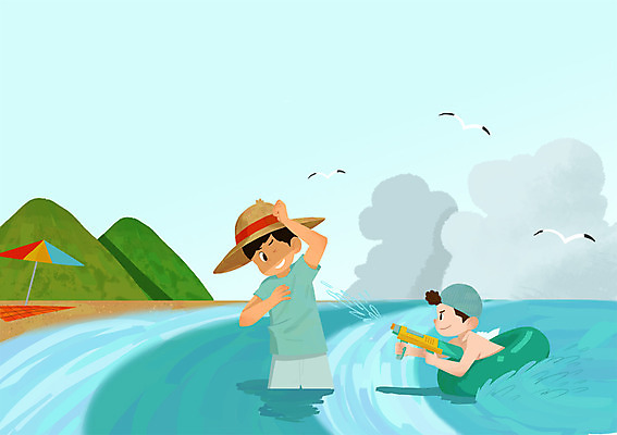 PSD 구름 남자 아들 바다 일러스트 가족 물놀이 갈매기 산 서기 상반신 성인 두명 여름 여름휴가 바캉스 파라솔 아빠 돗자리 튜브 물총 국내일러스트 자연요소 계절 관계 모션 놀이 조류 휴가 사람 파일형식 여름_계절