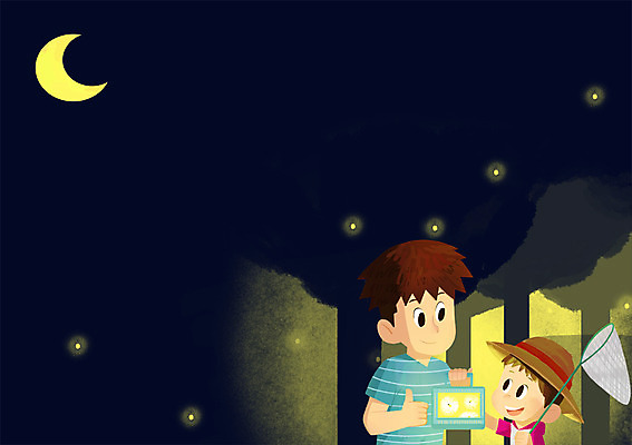 PSD 나무 남자 아들 어린이 일러스트 가족 상반신 성인 두명 여름 여름휴가 바캉스 아빠 야간 초승달 채집망 반딧불이 국내일러스트 자연요소 식물 계절 곤충 관계 휴가 사람 달 파일형식 여름_계절