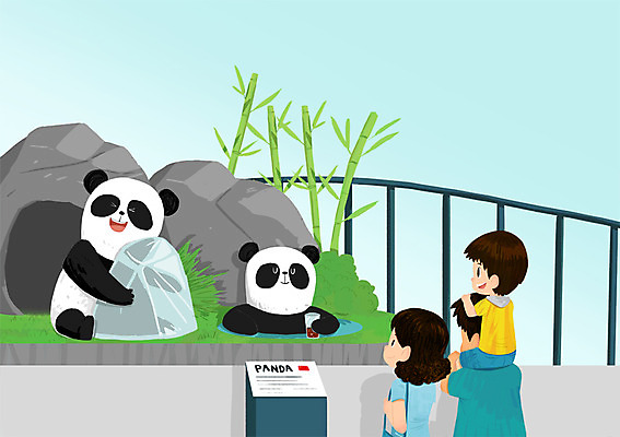 PSD 여자 남자 아들 어린이 일러스트 가족 엄마 동물원 상반신 성인 세명 여름 여름휴가 바캉스 얼음 돌_바위 목마 아빠 판다 대나무 국내일러스트 자연요소 나무 계절 곰 관계 휴가 사람 파일형식 여름_계절