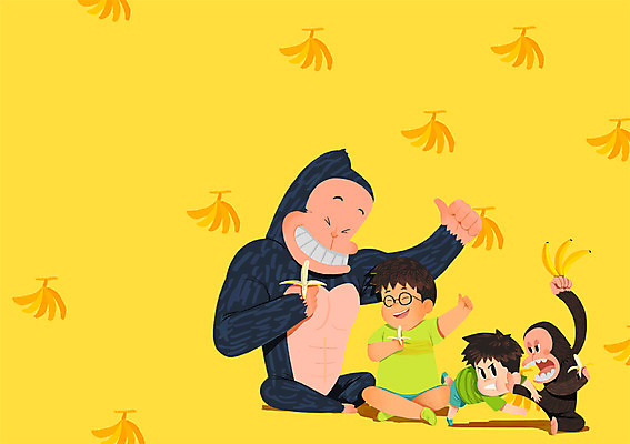 전신 PSD 남자 아들 일러스트 가족 바나나 성인 두명 여름 여름휴가 바캉스 원숭이 아빠 먹기 싸움 국내일러스트 계절 과일 포유류 관계 모션 휴가 사람 파일형식 여름_계절