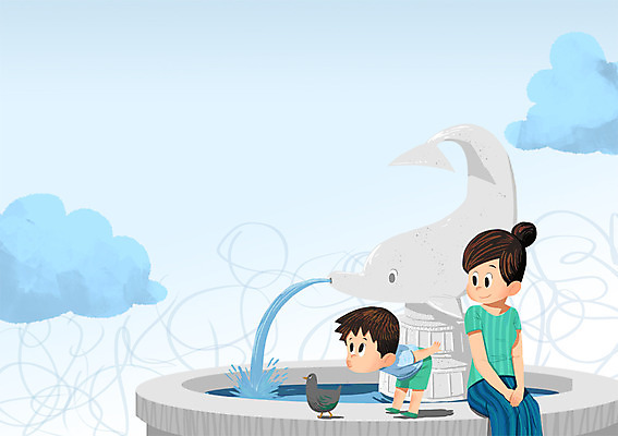 전신 PSD 구름 여자 남자 아들 어린이 일러스트 가족 조류 하늘 엄마 상반신 성인 두명 여름 여름휴가 바캉스 돌고래 분수 분수대 국내일러스트 자연요소 동물 계절 포유류 관계 휴가 사람 수중동물 파일형식 여름_계절