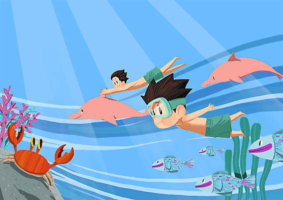 전신 PSD 남자 아들 어린이 바다 일러스트 가족 물놀이 어류 성인 두명 여름 여름휴가 바캉스 수영 꽃게 돌_바위 해조류 아빠 돌고래 국내일러스트 계절 포유류 관계 놀이 휴가 사람 수중동물 게 수상스포츠 해양식물 파일형식 여름_계절