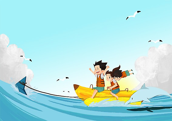 전신 PSD 여자 남자 아들 어린이 바다 일러스트 가족 갈매기 엄마 성인 세명 여름 여름휴가 바캉스 아빠 돌고래 바나나보트 국내일러스트 계절 포유류 관계 조류 휴가 사람 수중동물 보트 파일형식 여름_계절