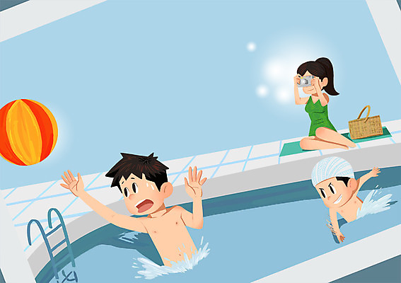 전신 PSD 여자 남자 아들 어린이 일러스트 가족 엄마 수영장 상반신 성인 세명 여름 여름휴가 바캉스 카메라 사진촬영 아빠 비치볼 돗자리 국내일러스트 계절 공 관계 휴가 바캉스용품 사람 전자제품 촬영 파일형식 여름_계절