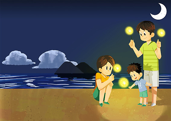 전신 PSD 여자 남자 아들 바다 일러스트 가족 엄마 불꽃놀이 서기 앉기 성인 해변 세명 여름 여름휴가 바캉스 달 아빠 야간 국내일러스트 자연요소 계절 관계 모션 놀이 휴가 사람 파일형식 여름_계절