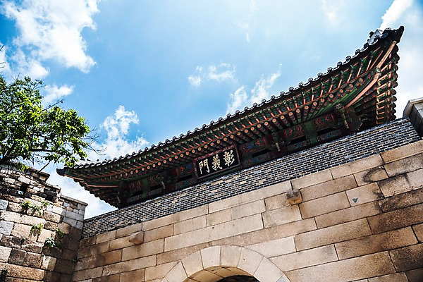 포토 JPG 주간 나무 전통 한국건축 하늘 한국 사람없음 야외 성 창의문 인왕산 한양도성 국내포토 자연요소 식물 건축물 건축 아시아 산 서울 파일형식