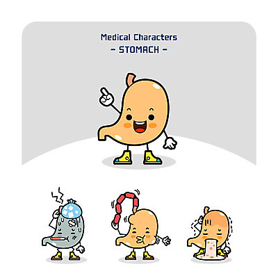 캐릭터 일러스트 의학 사람없음 건강관리 고통 소화기관 소시지 장기 질병 위 구토 소화_음식물분해 구역질 의학캐릭터 일러캐릭터 AI파일 감정 신체 건강 관리 장기_의학 가공식품 방향 증상 파일형식 벡터