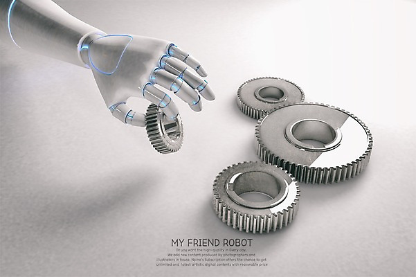 PSD 편집 편집이미지 손 정보기술 들기 사람없음 3D 금속 기계 잡기 로봇 디지털합성 톱니바퀴 합성 로봇팔 휴머노이드 4차산업 AI_인공지능 편집3D 산업 모션 재질 기술 신체부위 파일형식