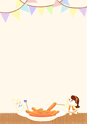 PSD 여자 어린이 일러스트 프레임 한명 토끼 떡볶이 가랜드 프레임일러스트 국내일러스트 1 포유류 사람 반려동물 분식 파티용품 파일형식