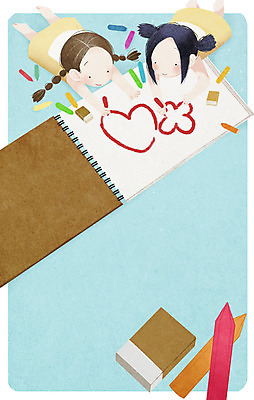 전신 PSD 구름 여자 꽃 어린이 엎드리기 일러스트 프레임 두명 하트 스케치북 그림 지우개 크레파스 프레임일러스트 방과후 국내일러스트 자연요소 모양 식물 교육 모션 학용품 사람 파일형식