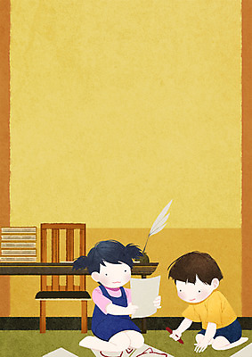 전신 PSD 여자 남자 종이 어린이 의자 일러스트 바닥 프레임 앉기 두명 책 펜 방 책상 그림 크레파스 프레임일러스트 방과후 국내일러스트 교육 가구 모션 학용품 사람 필기구 파일형식