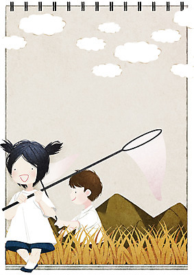 전신 PSD 구름 여자 남자 어린이 일러스트 산 프레임 서기 초원 상반신 두명 곤충채집 채집망 프레임일러스트 방과후 국내일러스트 자연요소 교육 곤충 모션 사람 수집 파일형식