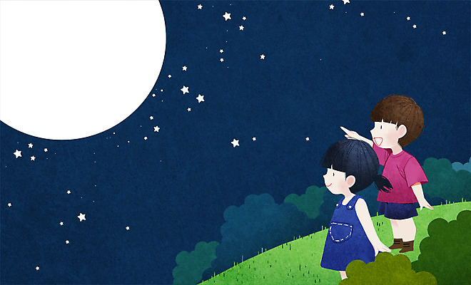 전신 PSD 여자 남자 별 어린이 일러스트 하늘 프레임 초원 상반신 두명 달 가리킴 동산 프레임일러스트 방과후 국내일러스트 자연요소 교육 사람 손짓 파일형식