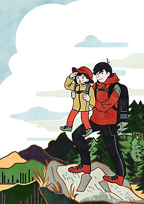 전신 PSD 나무 구름 여자 남자 딸 여행 일러스트 가족 안기 산 서기 성인 두명 등산 바위 아빠 국내일러스트 자연요소 식물 관계 모션 사람 트래킹 돌_바위 파일형식