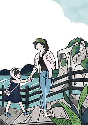 전신 PSD 여자 딸 어린이 여행 일러스트 가족 엄마 산 서기 성인 두명 관광지 강 손잡기 바위 다리 국내일러스트 관계 모션 사람 신체부위 돌_바위 파일형식