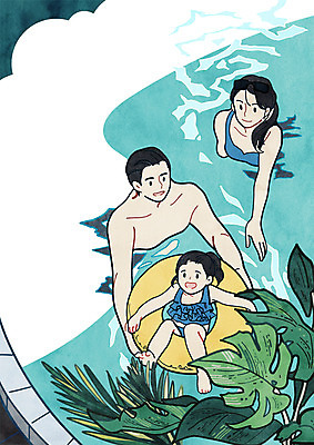 전신 PSD 여자 남자 딸 어린이 여행 일러스트 가족 엄마 나뭇잎 수영장 상반신 성인 세명 아빠 튜브 야자수잎 국내일러스트 잎 관계 사람 파일형식