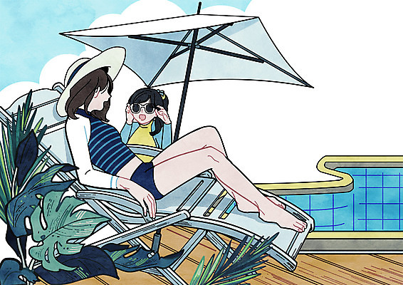 전신 PSD 여자 딸 어린이 여행 일러스트 가족 엄마 나뭇잎 야외수영장 수영장 상반신 성인 두명 선글라스 파라솔 선베드 야자수잎 국내일러스트 안경 잎 의자 관계 사람 파일형식