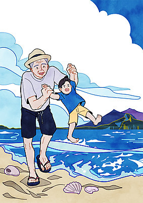 전신 PSD 구름 할아버지 노년 남자 어린이 파도 바다 여행 일러스트 가족 하늘 조개 손자 산 서기 성인 두명 모래사장 국내일러스트 자연요소 관계 모션 어패류 사람 손주 파일형식