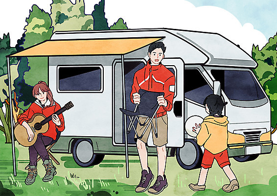 전신 PSD 나무 여자 남자 딸 어린이 여행 의자 일러스트 가족 엄마 서기 초원 성인 세명 캠핑 기타 아빠 캠핑카 국내일러스트 식물 가구 관계 모션 자동차 현악기 레저 사람 파일형식